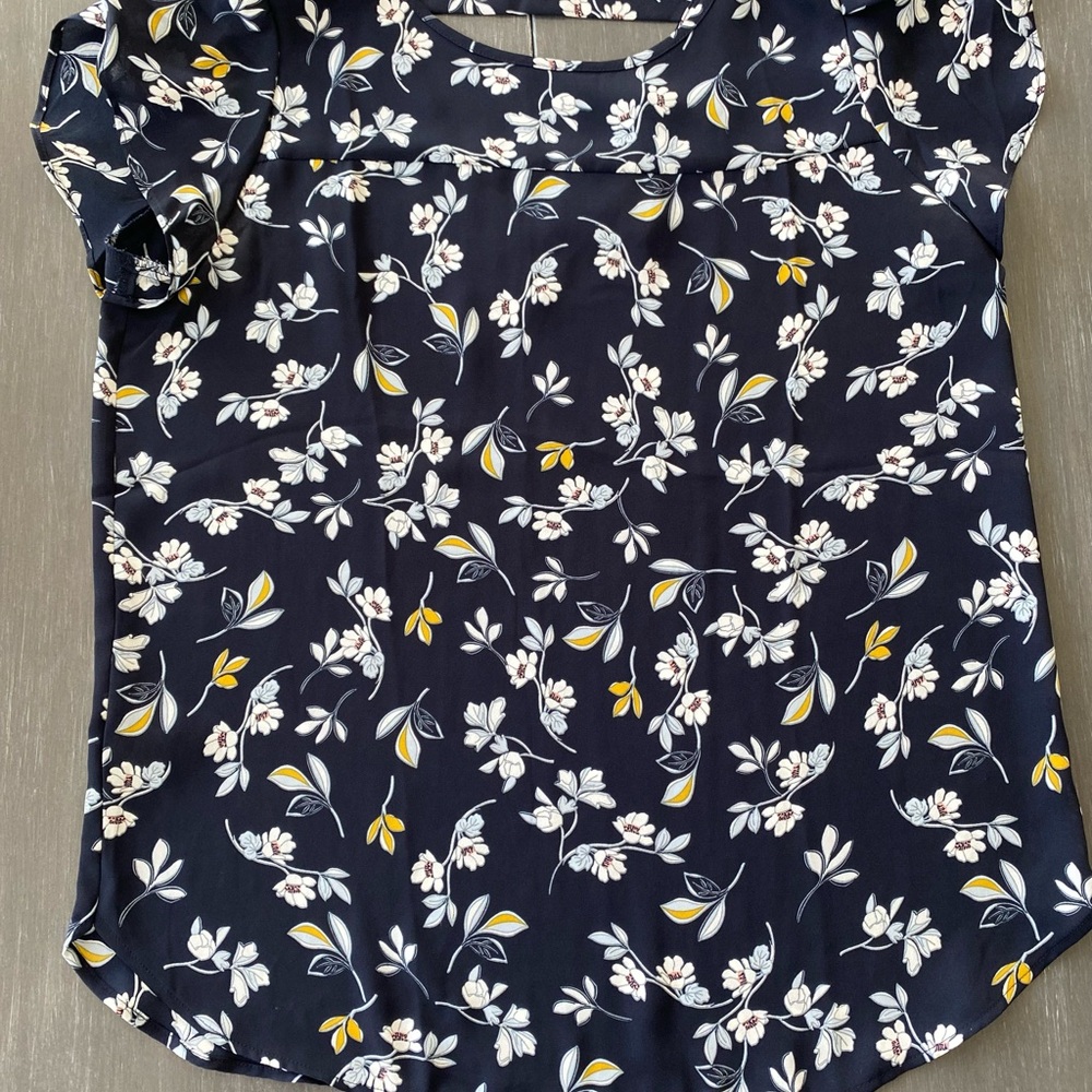LOFT Navy Floral Blouse with White and Yellow Accents